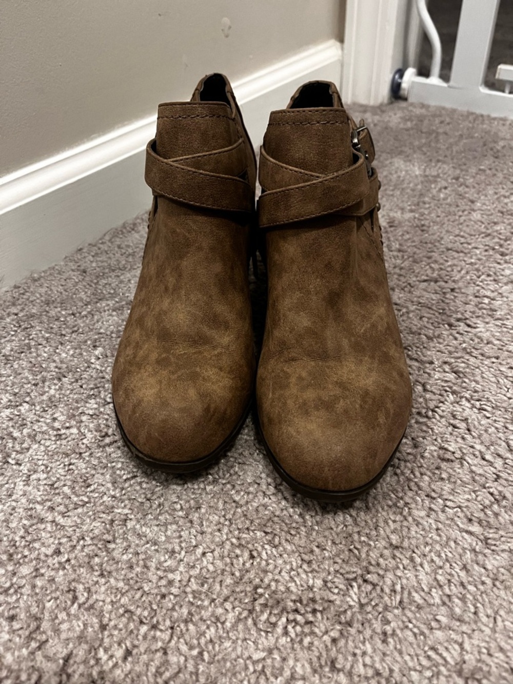 Indigo Chestnut Brown Suede Ankle Booties with Buckle Straps - Picture 2 of 7